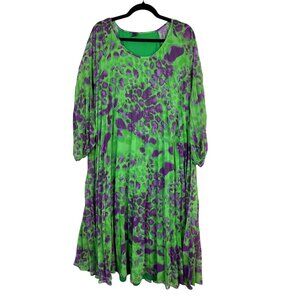 Yoek Womens Green Purple Long Sleeve Midi Maxi Dress Sz 16/ 18 Pleated Geometric